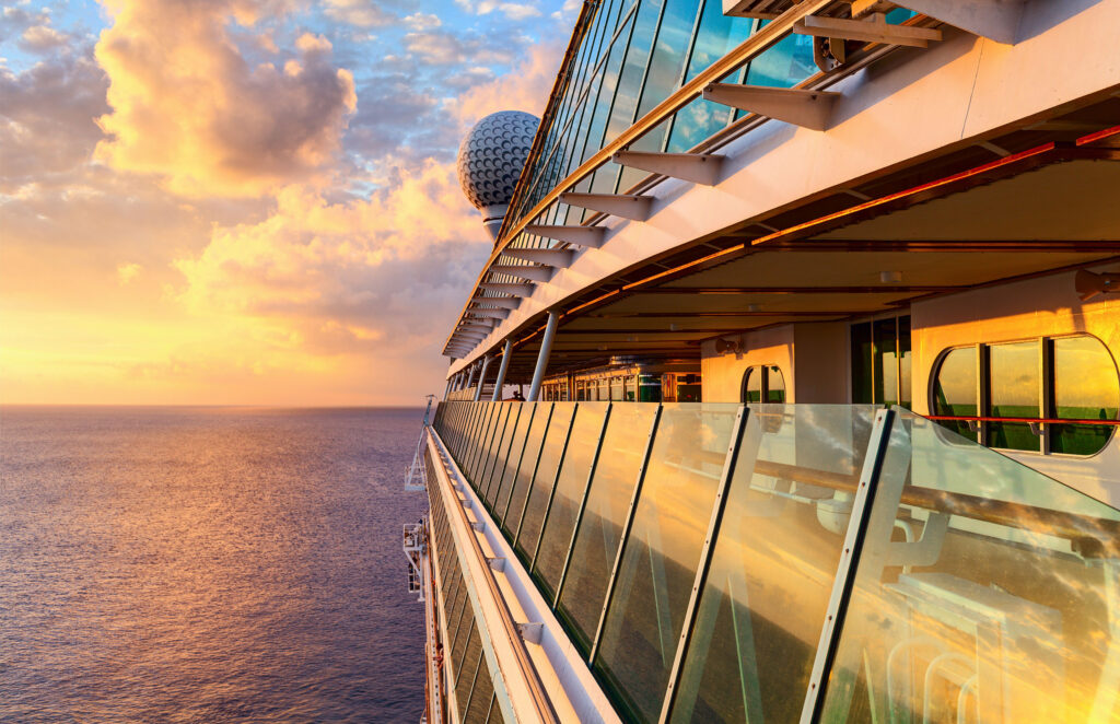 Sunset from the open deck of luxury cruise ship